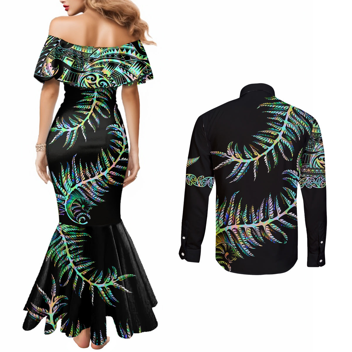 new-zealand-couples-matching-mermaid-dress-and-long-sleeve-button-shirt-aotearoa-silver-fern-mixed-papua-shell-green-vibe