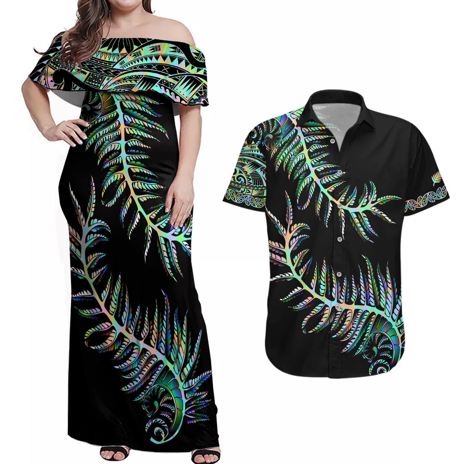 new-zealand-couples-matching-off-shoulder-maxi-dress-and-hawaiian-shirt-aotearoa-silver-fern-mixed-papua-shell-green-vibe