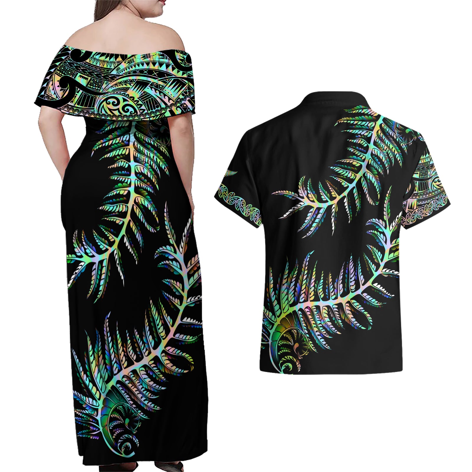 new-zealand-couples-matching-off-shoulder-maxi-dress-and-hawaiian-shirt-aotearoa-silver-fern-mixed-papua-shell-green-vibe