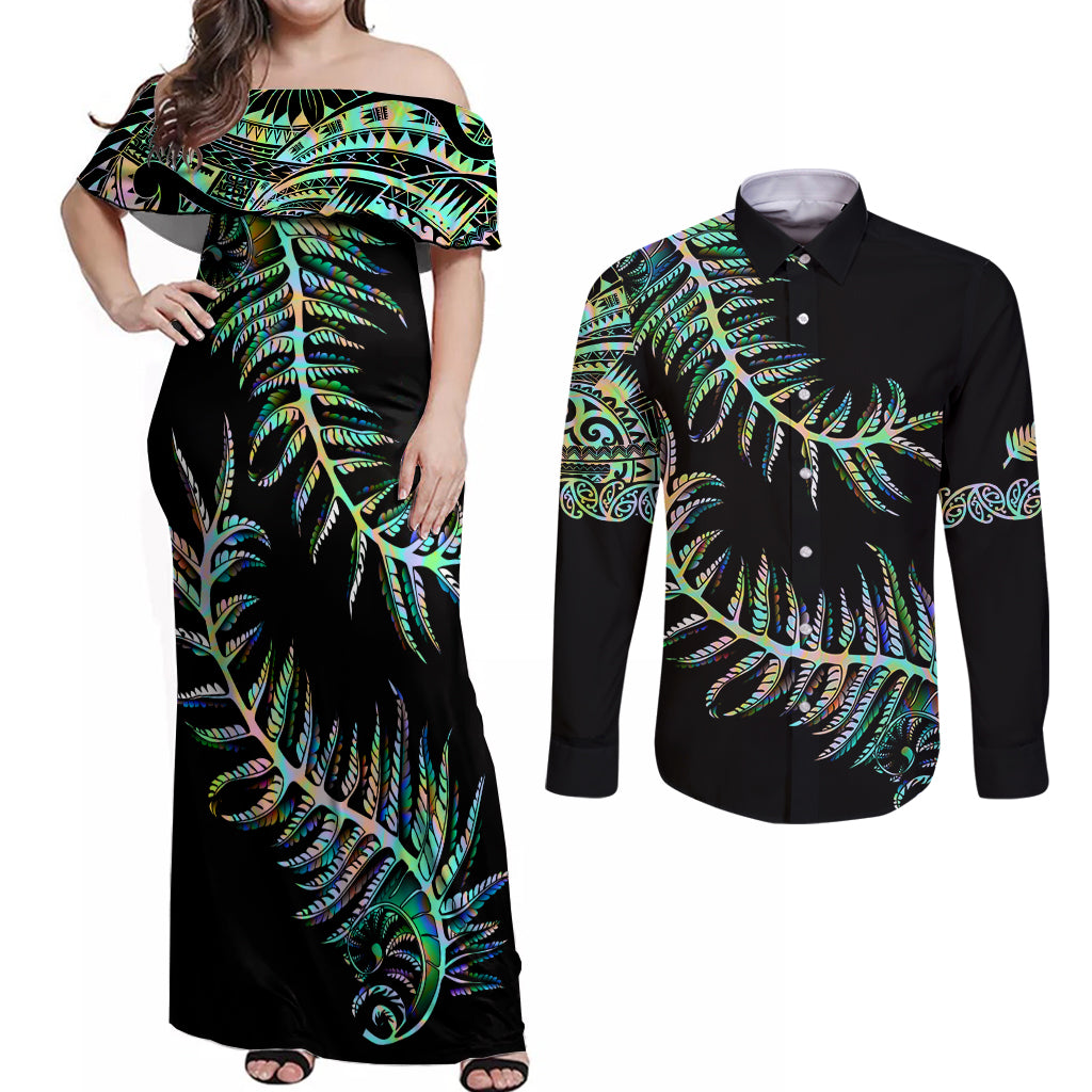 new-zealand-couples-matching-off-shoulder-maxi-dress-and-long-sleeve-button-shirt-aotearoa-silver-fern-mixed-papua-shell-green-vibe