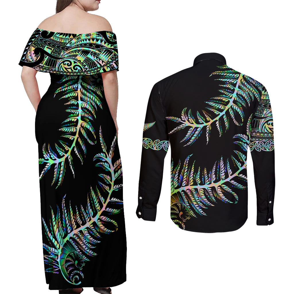 new-zealand-couples-matching-off-shoulder-maxi-dress-and-long-sleeve-button-shirt-aotearoa-silver-fern-mixed-papua-shell-green-vibe