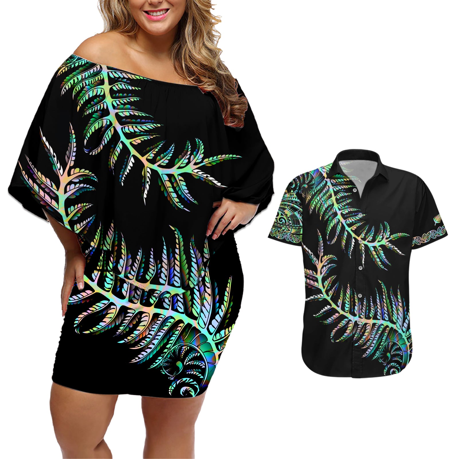 new-zealand-couples-matching-off-shoulder-short-dress-and-hawaiian-shirt-aotearoa-silver-fern-mixed-papua-shell-green-vibe