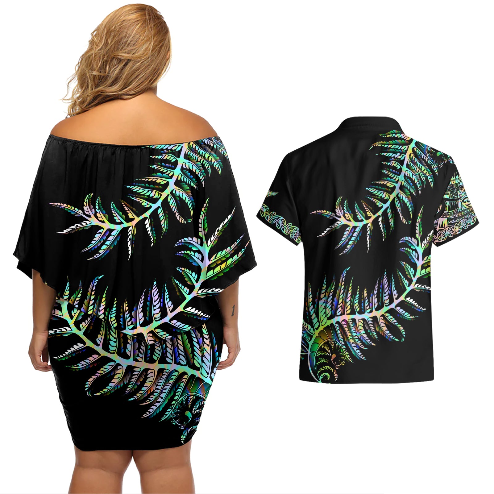 new-zealand-couples-matching-off-shoulder-short-dress-and-hawaiian-shirt-aotearoa-silver-fern-mixed-papua-shell-green-vibe