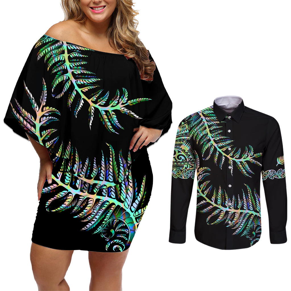 new-zealand-couples-matching-off-shoulder-short-dress-and-long-sleeve-button-shirt-aotearoa-silver-fern-mixed-papua-shell-green-vibe