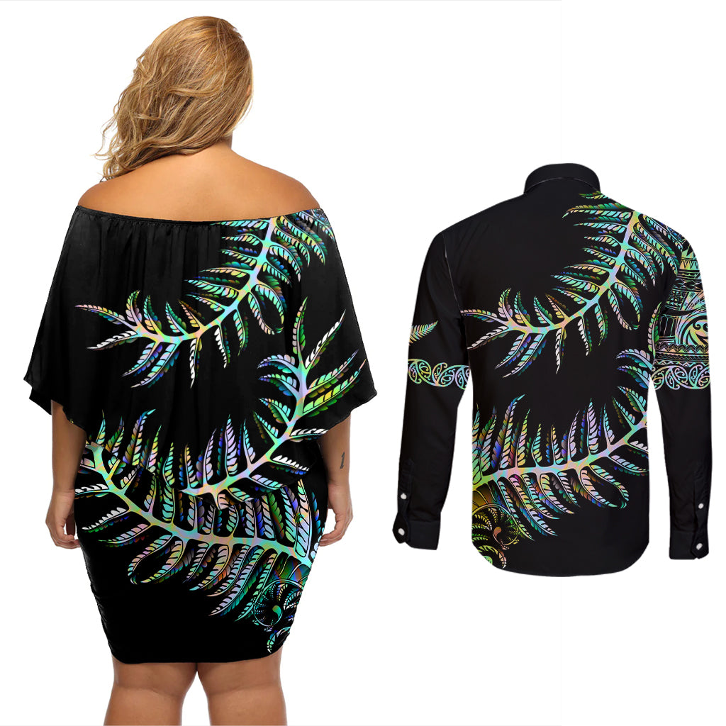 new-zealand-couples-matching-off-shoulder-short-dress-and-long-sleeve-button-shirt-aotearoa-silver-fern-mixed-papua-shell-green-vibe