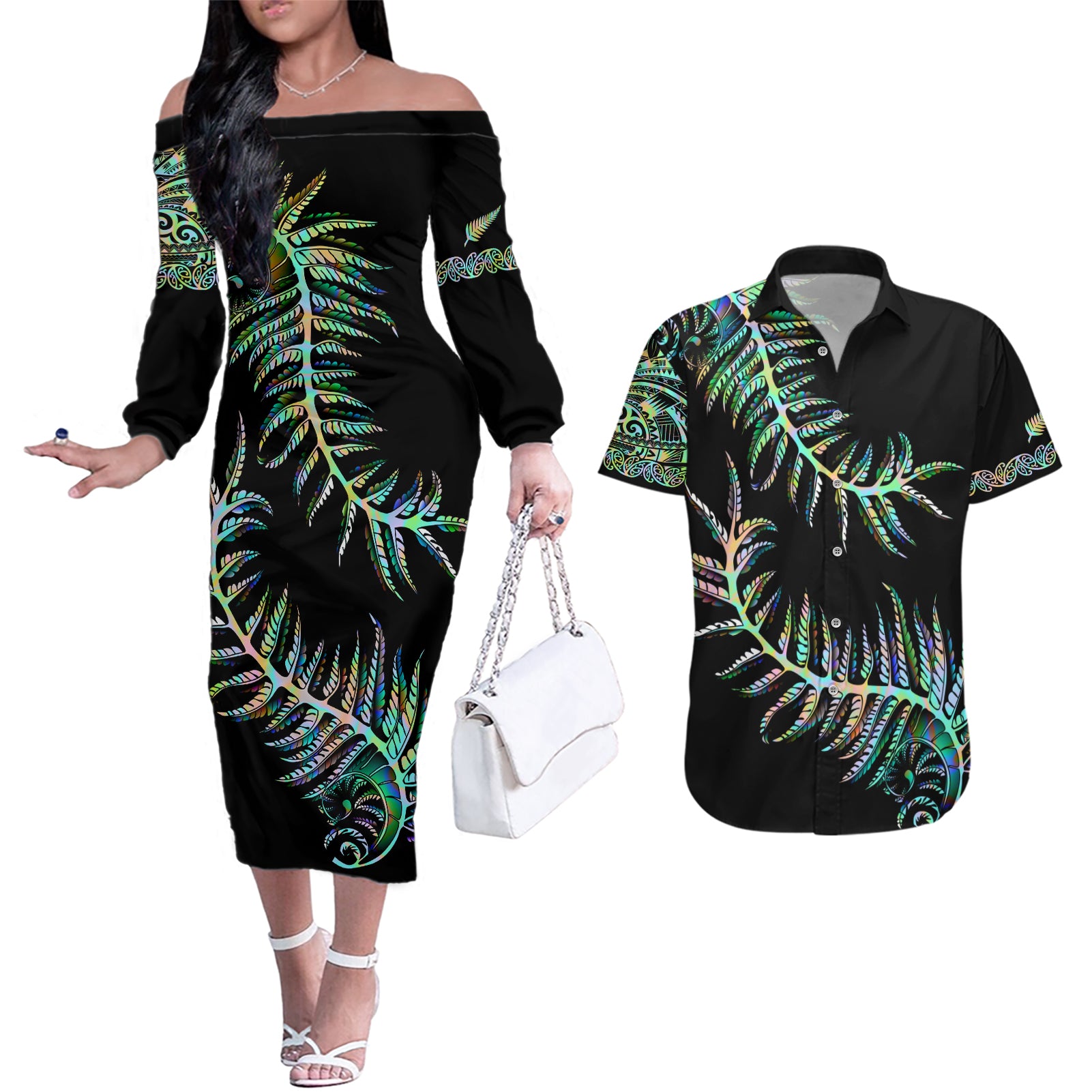 new-zealand-couples-matching-off-the-shoulder-long-sleeve-dress-and-hawaiian-shirt-aotearoa-silver-fern-mixed-papua-shell-green-vibe