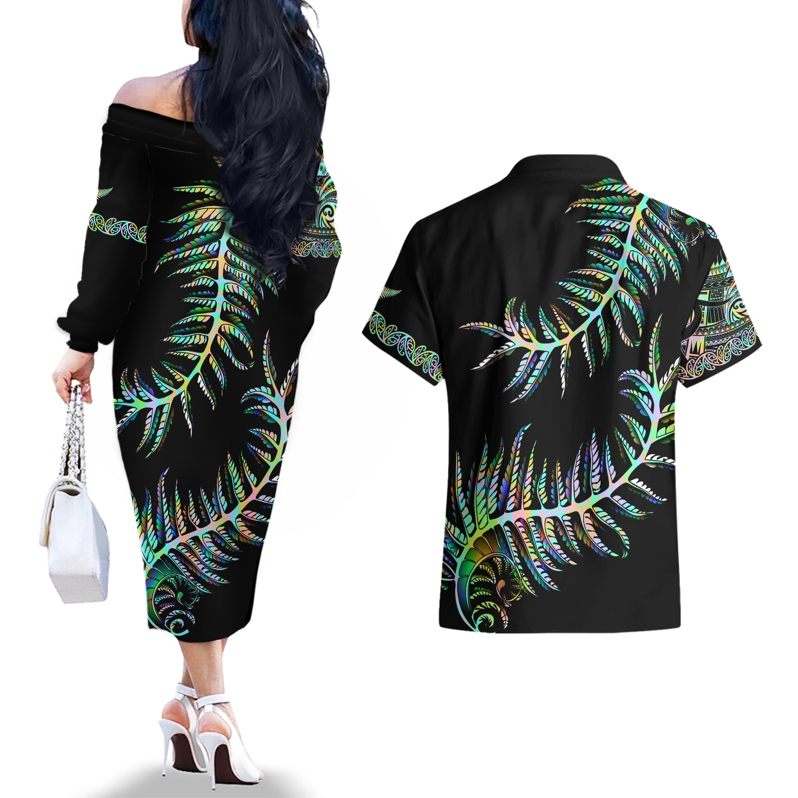 new-zealand-couples-matching-off-the-shoulder-long-sleeve-dress-and-hawaiian-shirt-aotearoa-silver-fern-mixed-papua-shell-green-vibe