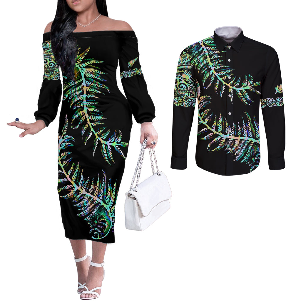 new-zealand-couples-matching-off-the-shoulder-long-sleeve-dress-and-long-sleeve-button-shirt-aotearoa-silver-fern-mixed-papua-shell-green-vibe