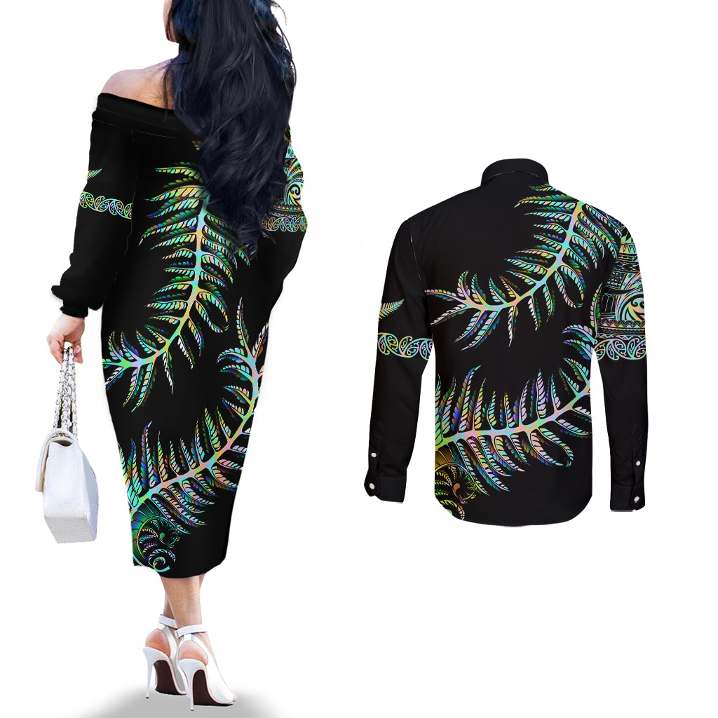 new-zealand-couples-matching-off-the-shoulder-long-sleeve-dress-and-long-sleeve-button-shirt-aotearoa-silver-fern-mixed-papua-shell-green-vibe