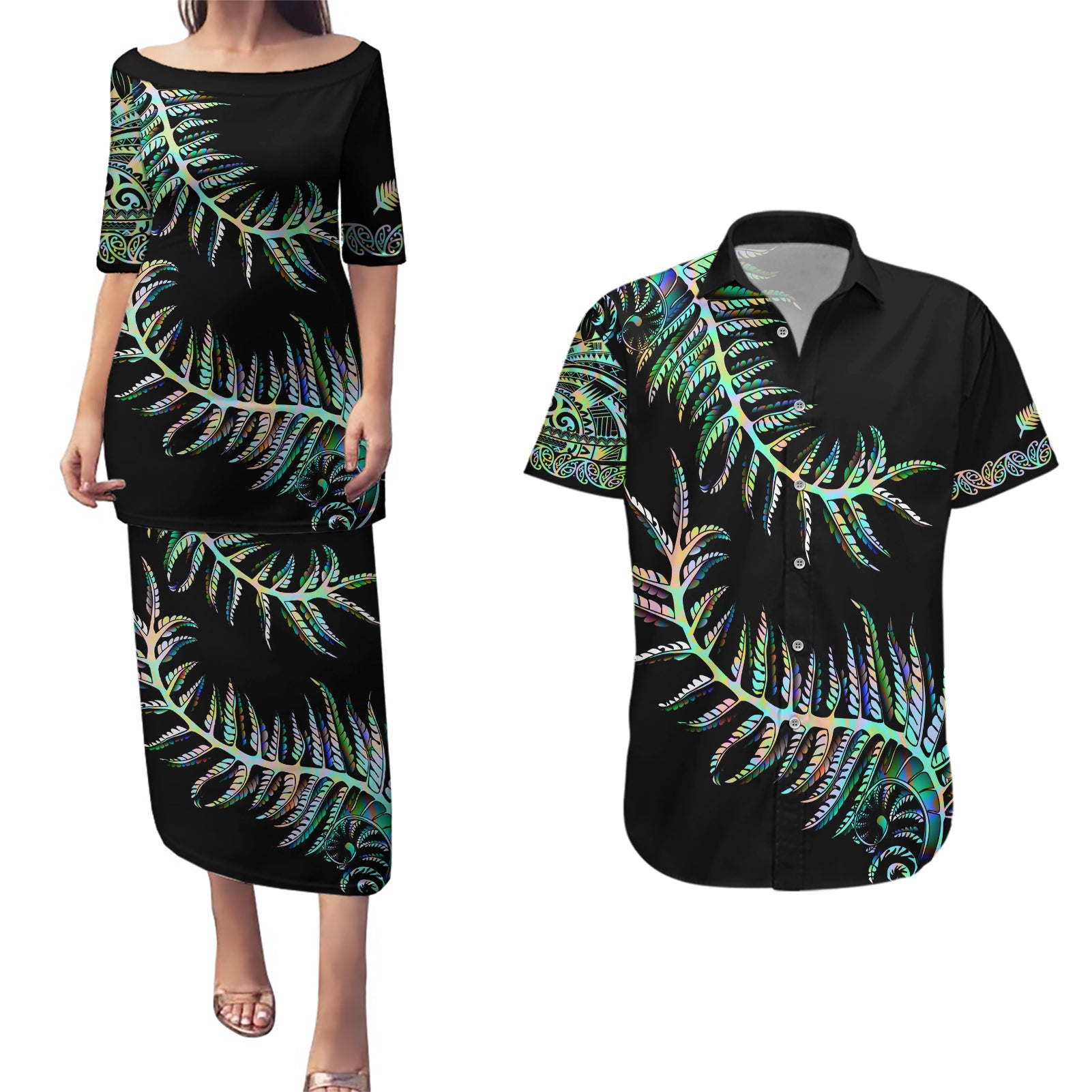 new-zealand-couples-matching-puletasi-dress-and-hawaiian-shirt-aotearoa-silver-fern-mixed-papua-shell-green-vibe