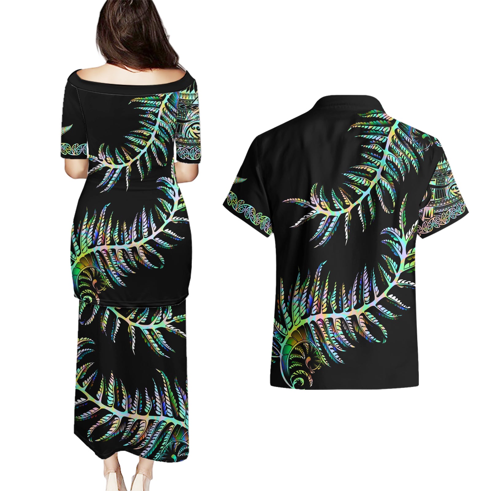 new-zealand-couples-matching-puletasi-dress-and-hawaiian-shirt-aotearoa-silver-fern-mixed-papua-shell-green-vibe