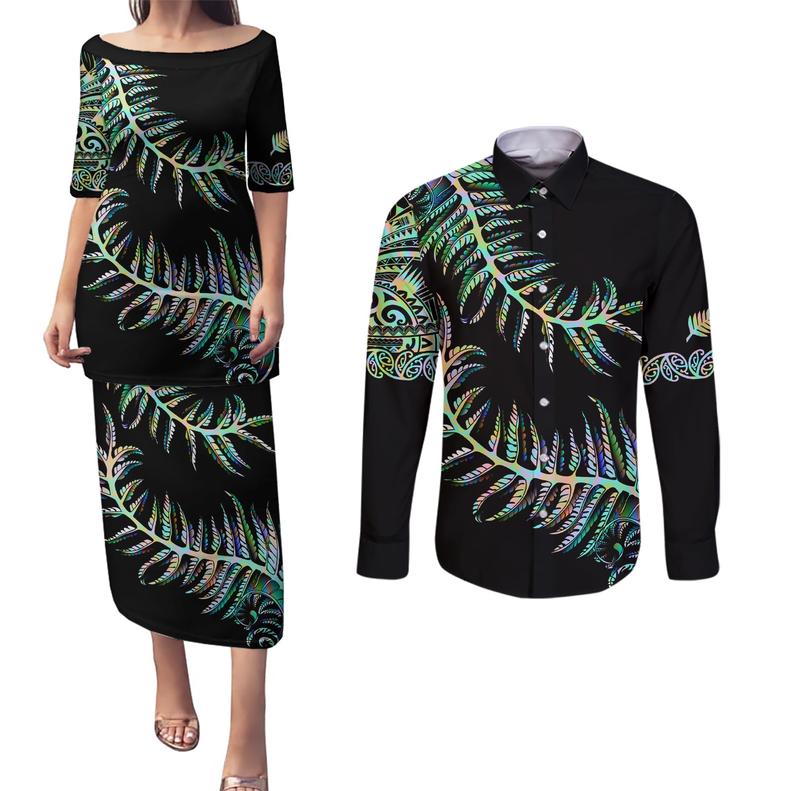 new-zealand-couples-matching-puletasi-dress-and-long-sleeve-button-shirt-aotearoa-silver-fern-mixed-papua-shell-green-vibe