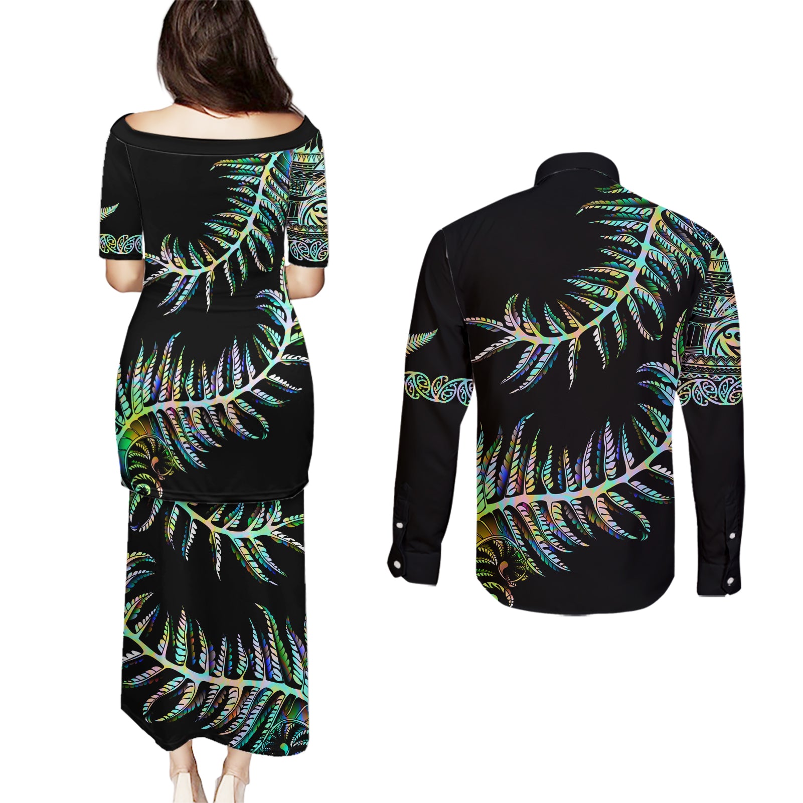 new-zealand-couples-matching-puletasi-dress-and-long-sleeve-button-shirt-aotearoa-silver-fern-mixed-papua-shell-green-vibe