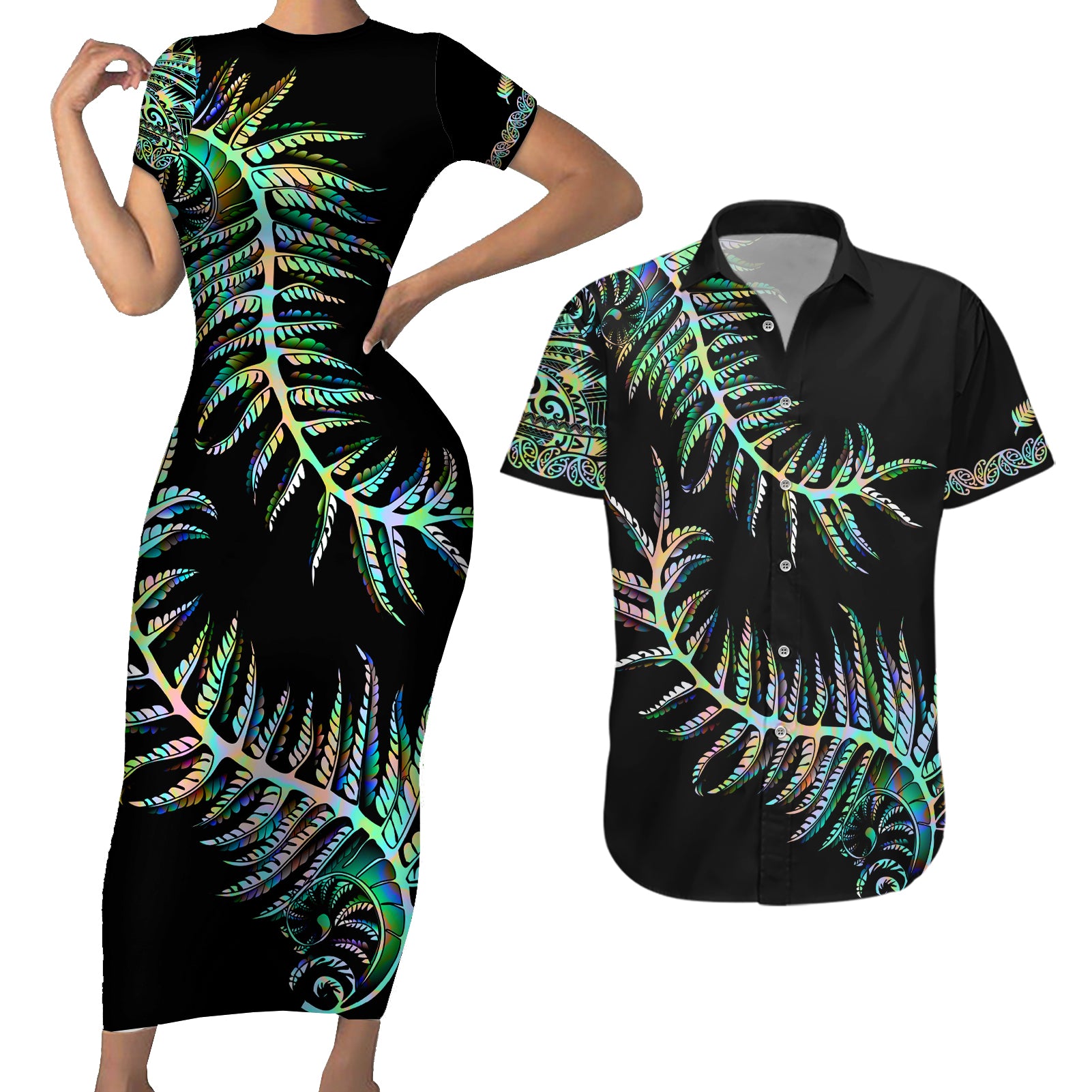 new-zealand-couples-matching-short-sleeve-bodycon-dress-and-hawaiian-shirt-aotearoa-silver-fern-mixed-papua-shell-green-vibe