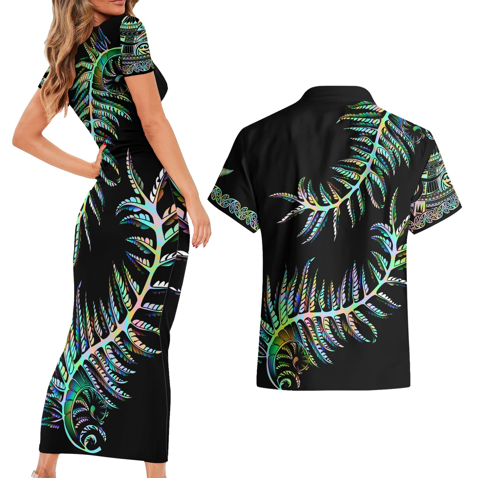 new-zealand-couples-matching-short-sleeve-bodycon-dress-and-hawaiian-shirt-aotearoa-silver-fern-mixed-papua-shell-green-vibe