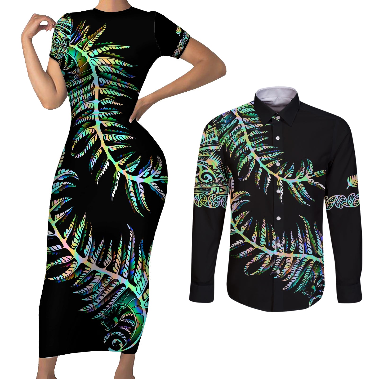 new-zealand-couples-matching-short-sleeve-bodycon-dress-and-long-sleeve-button-shirt-aotearoa-silver-fern-mixed-papua-shell-green-vibe