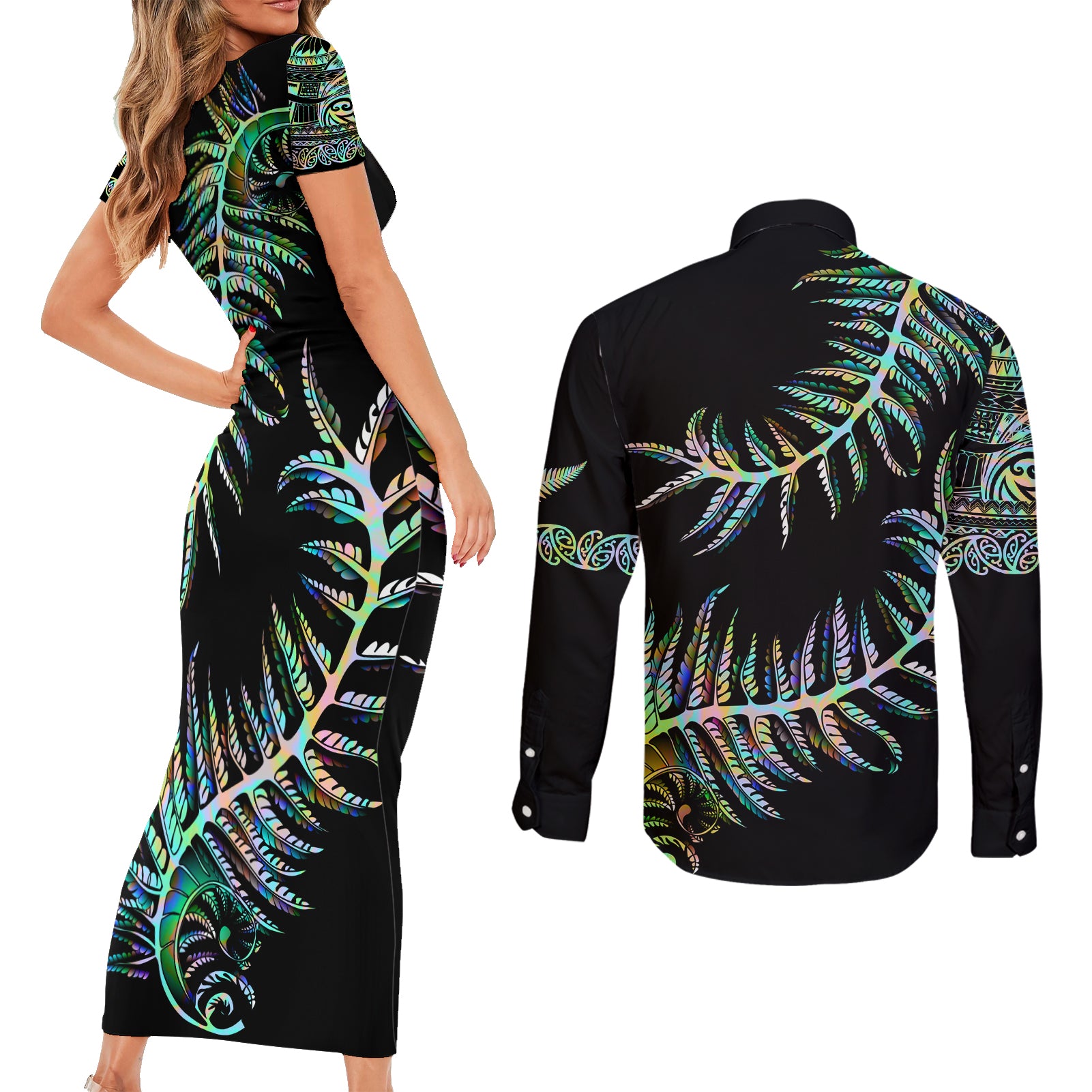 new-zealand-couples-matching-short-sleeve-bodycon-dress-and-long-sleeve-button-shirt-aotearoa-silver-fern-mixed-papua-shell-green-vibe