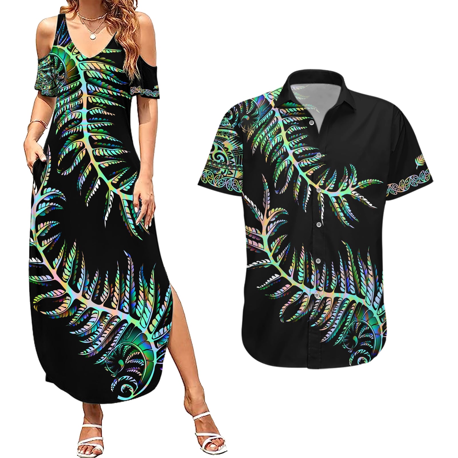 new-zealand-couples-matching-summer-maxi-dress-and-hawaiian-shirt-aotearoa-silver-fern-mixed-papua-shell-green-vibe