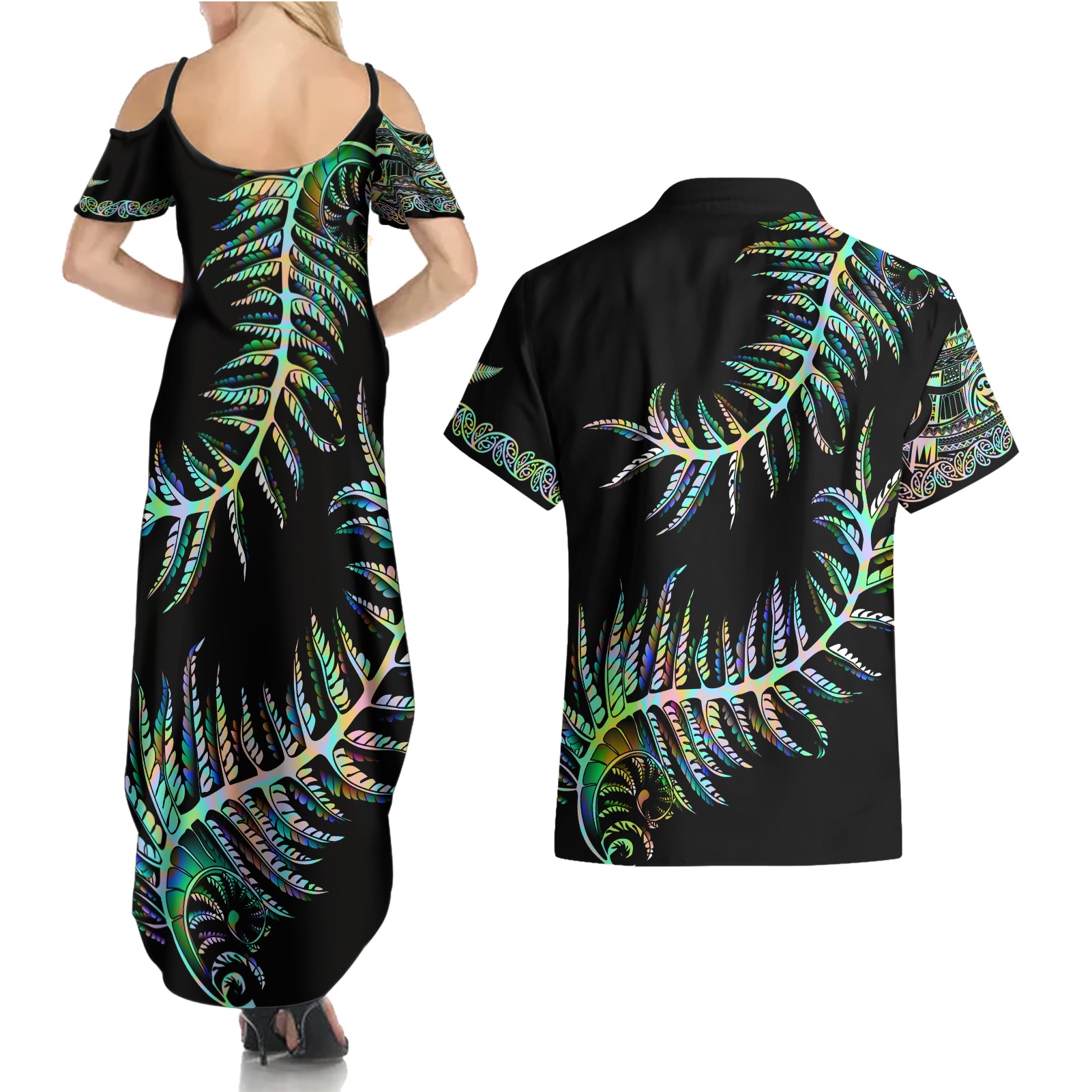 new-zealand-couples-matching-summer-maxi-dress-and-hawaiian-shirt-aotearoa-silver-fern-mixed-papua-shell-green-vibe