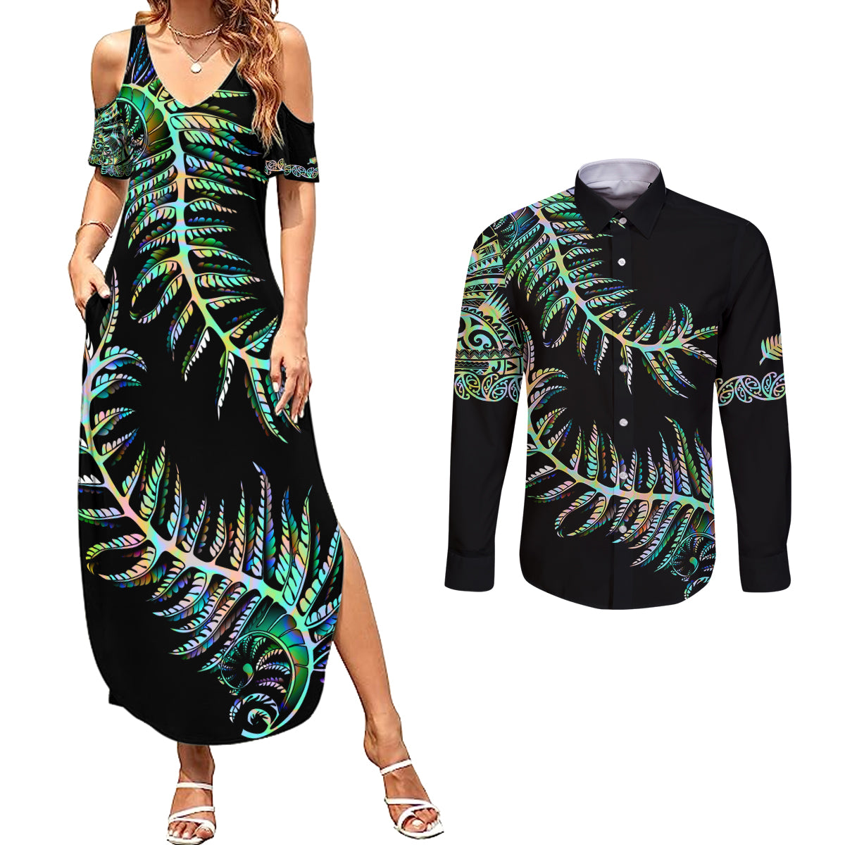 new-zealand-couples-matching-summer-maxi-dress-and-long-sleeve-button-shirt-aotearoa-silver-fern-mixed-papua-shell-green-vibe