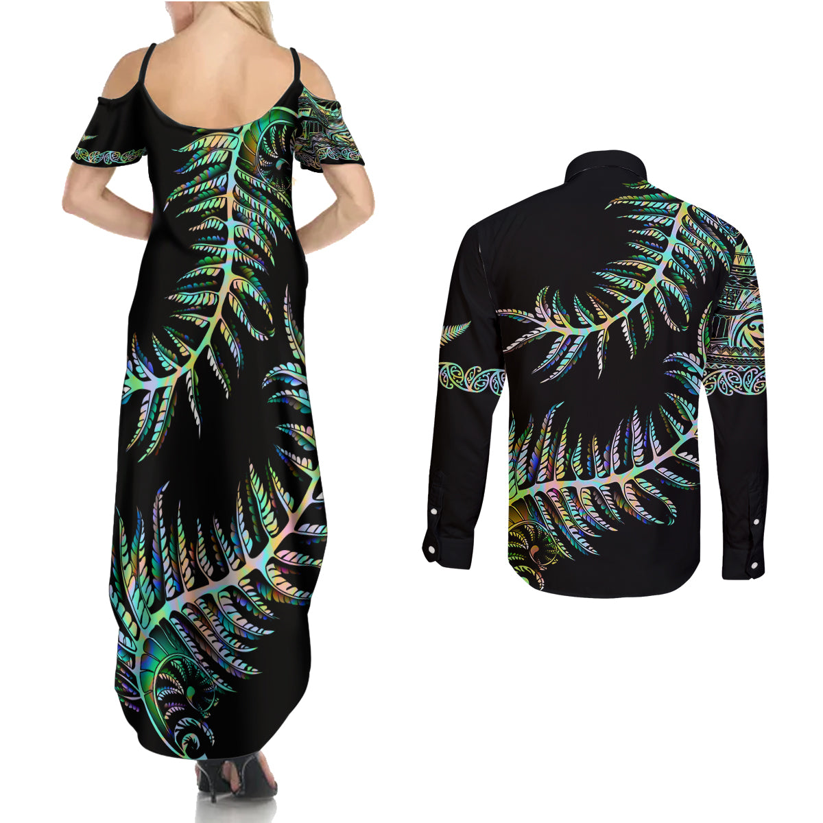 new-zealand-couples-matching-summer-maxi-dress-and-long-sleeve-button-shirt-aotearoa-silver-fern-mixed-papua-shell-green-vibe