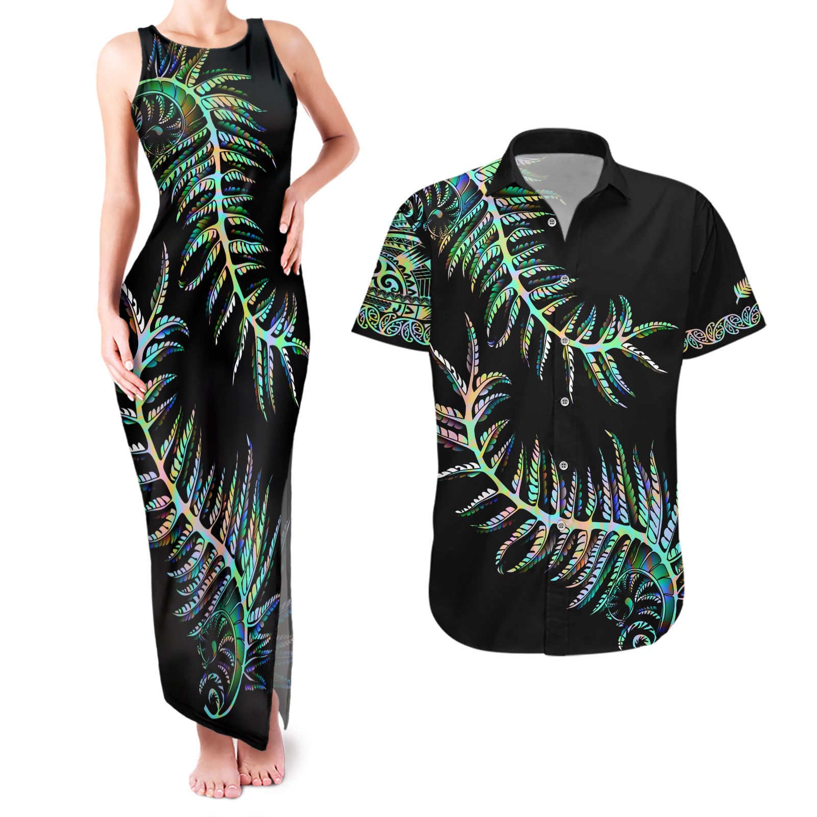 new-zealand-couples-matching-tank-maxi-dress-and-hawaiian-shirt-aotearoa-silver-fern-mixed-papua-shell-green-vibe