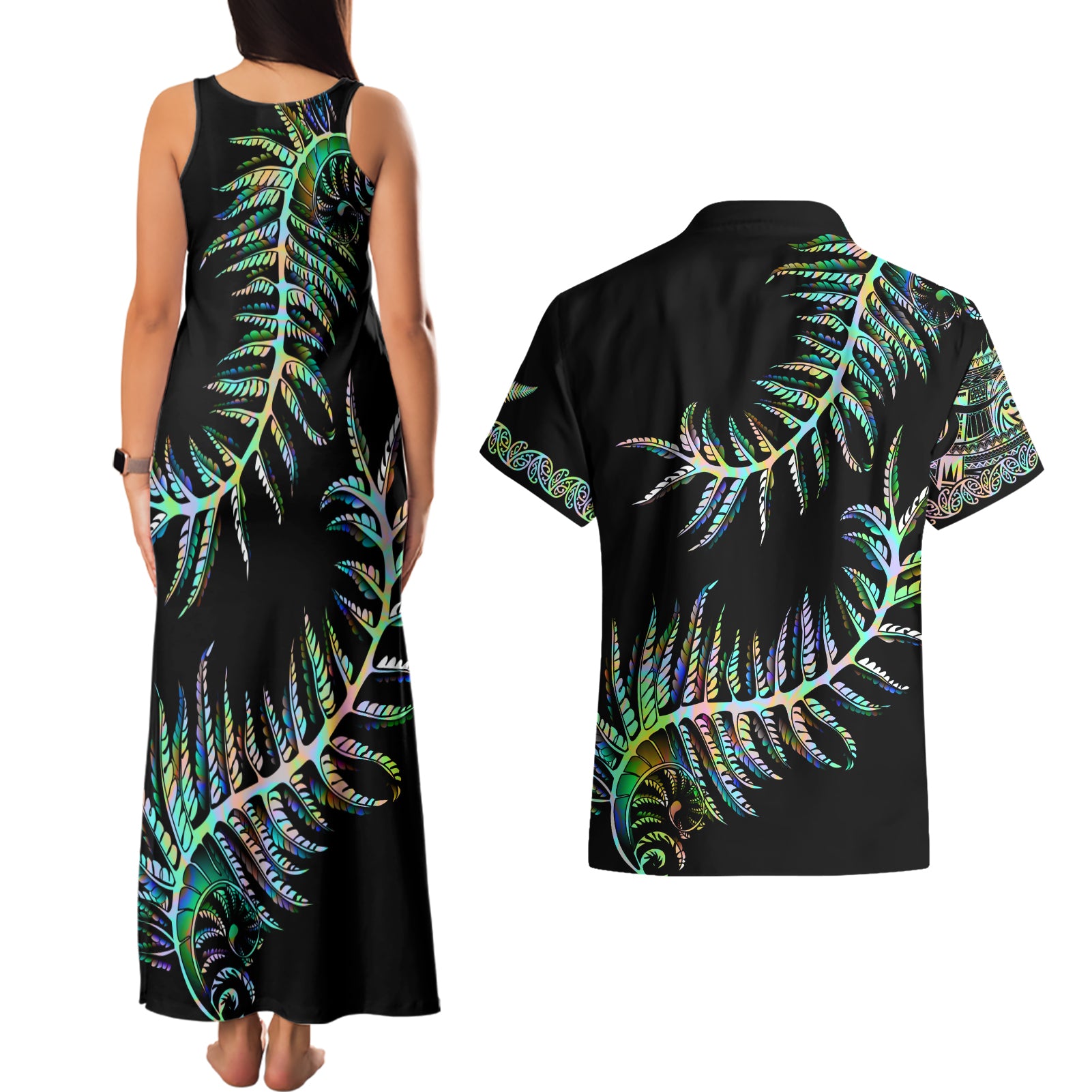 new-zealand-couples-matching-tank-maxi-dress-and-hawaiian-shirt-aotearoa-silver-fern-mixed-papua-shell-green-vibe