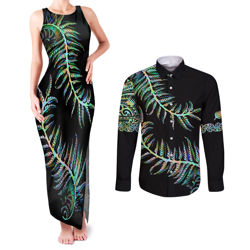 new-zealand-couples-matching-tank-maxi-dress-and-long-sleeve-button-shirt-aotearoa-silver-fern-mixed-papua-shell-green-vibe