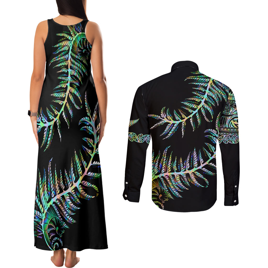 new-zealand-couples-matching-tank-maxi-dress-and-long-sleeve-button-shirt-aotearoa-silver-fern-mixed-papua-shell-green-vibe