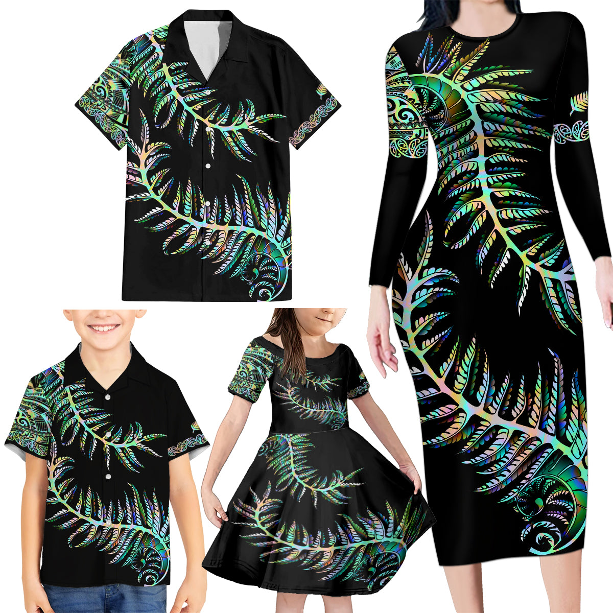 new-zealand-family-matching-long-sleeve-bodycon-dress-and-hawaiian-shirt-aotearoa-silver-fern-mixed-papua-shell-green-vibe