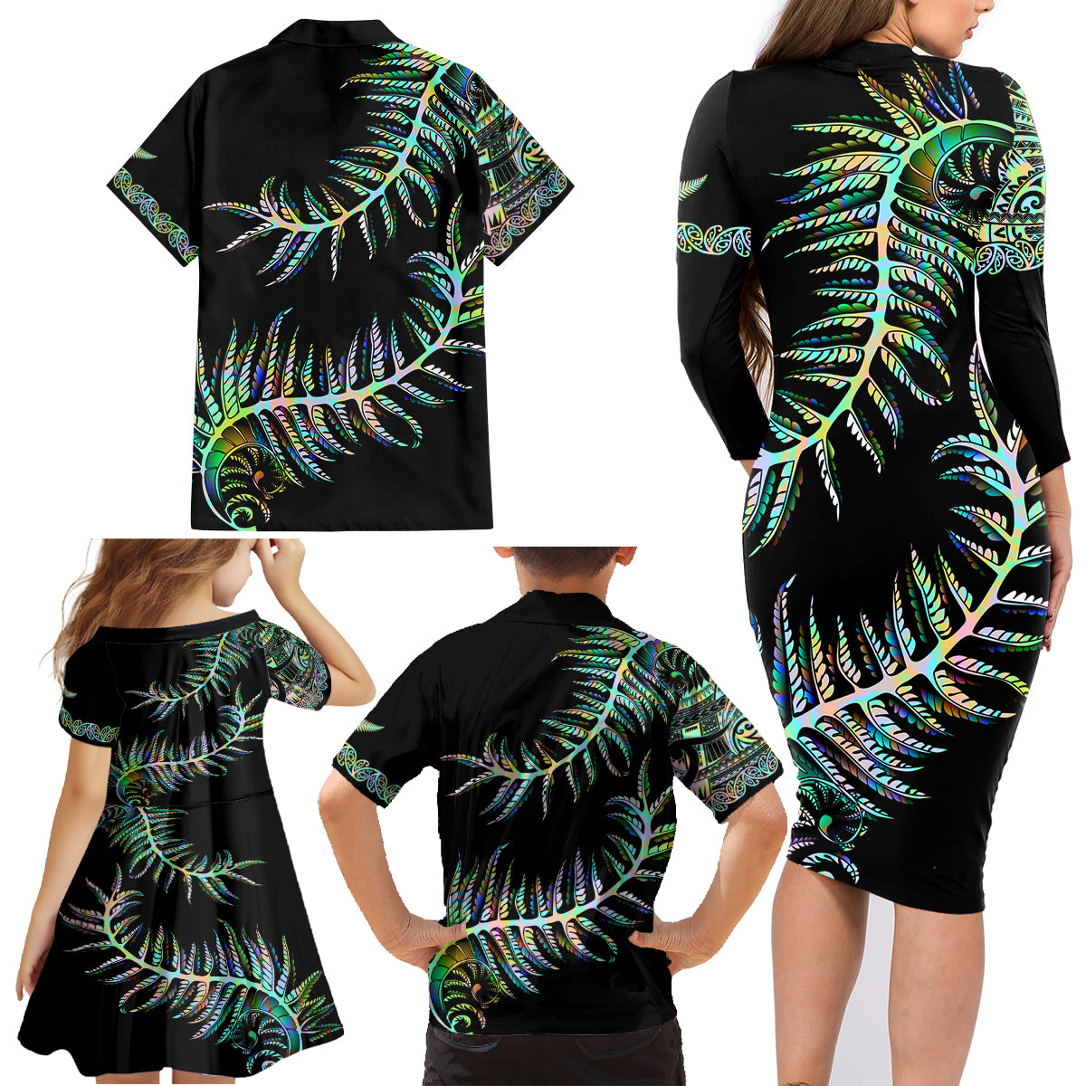 new-zealand-family-matching-long-sleeve-bodycon-dress-and-hawaiian-shirt-aotearoa-silver-fern-mixed-papua-shell-green-vibe