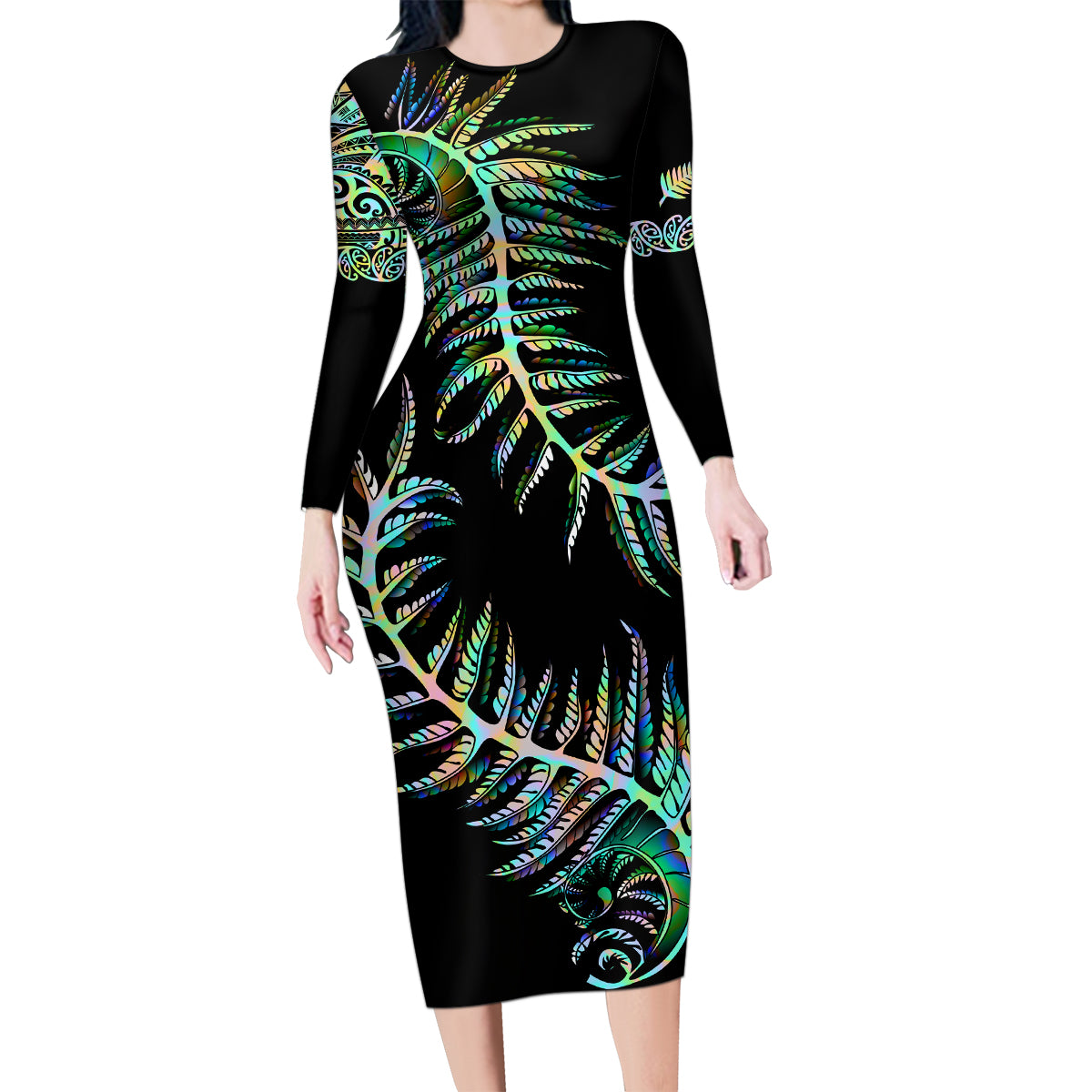 new-zealand-family-matching-long-sleeve-bodycon-dress-and-hawaiian-shirt-aotearoa-silver-fern-mixed-papua-shell-green-vibe