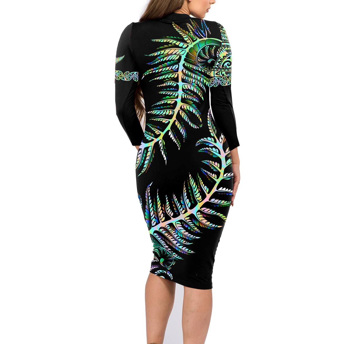 new-zealand-family-matching-long-sleeve-bodycon-dress-and-hawaiian-shirt-aotearoa-silver-fern-mixed-papua-shell-green-vibe