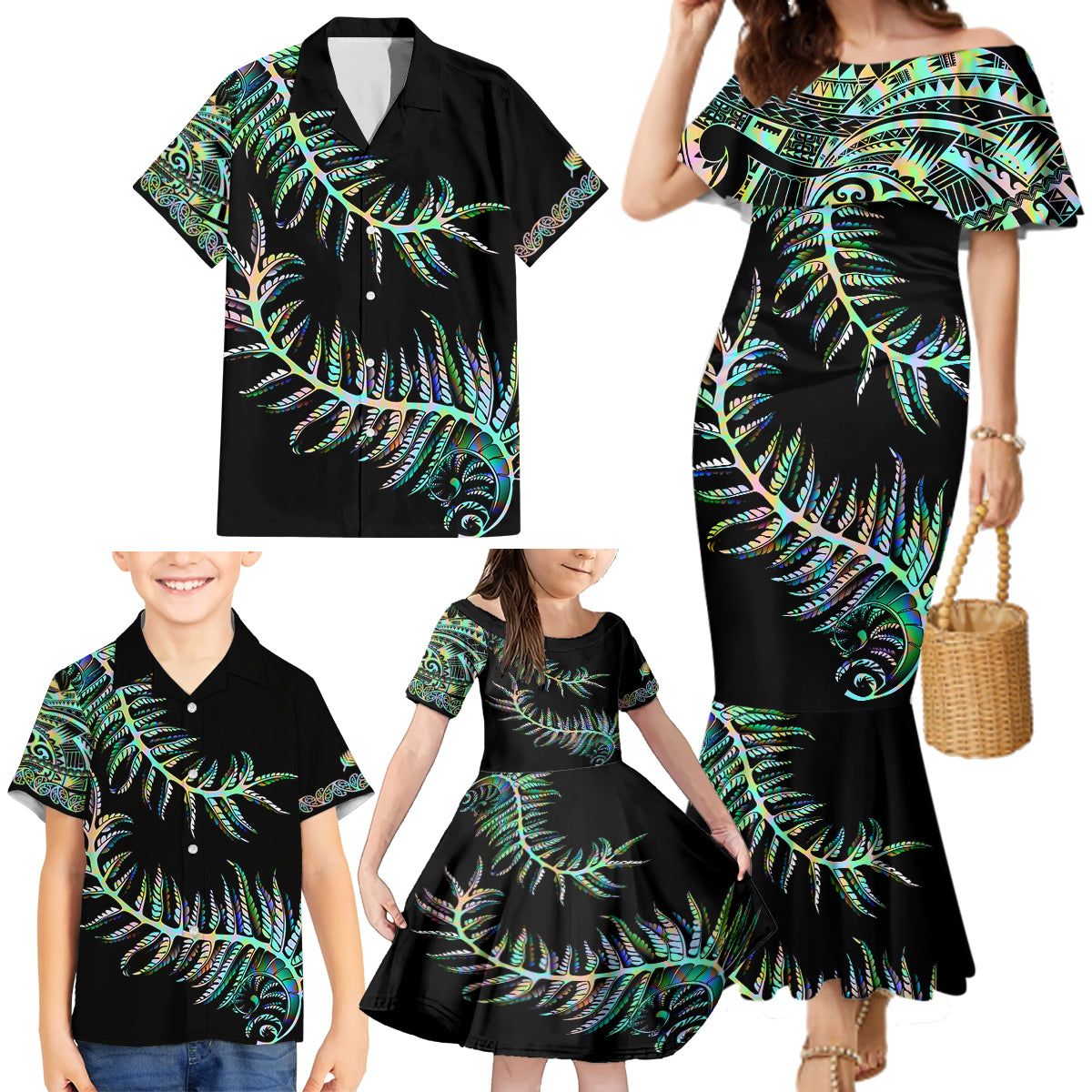 new-zealand-family-matching-mermaid-dress-and-hawaiian-shirt-aotearoa-silver-fern-mixed-papua-shell-green-vibe