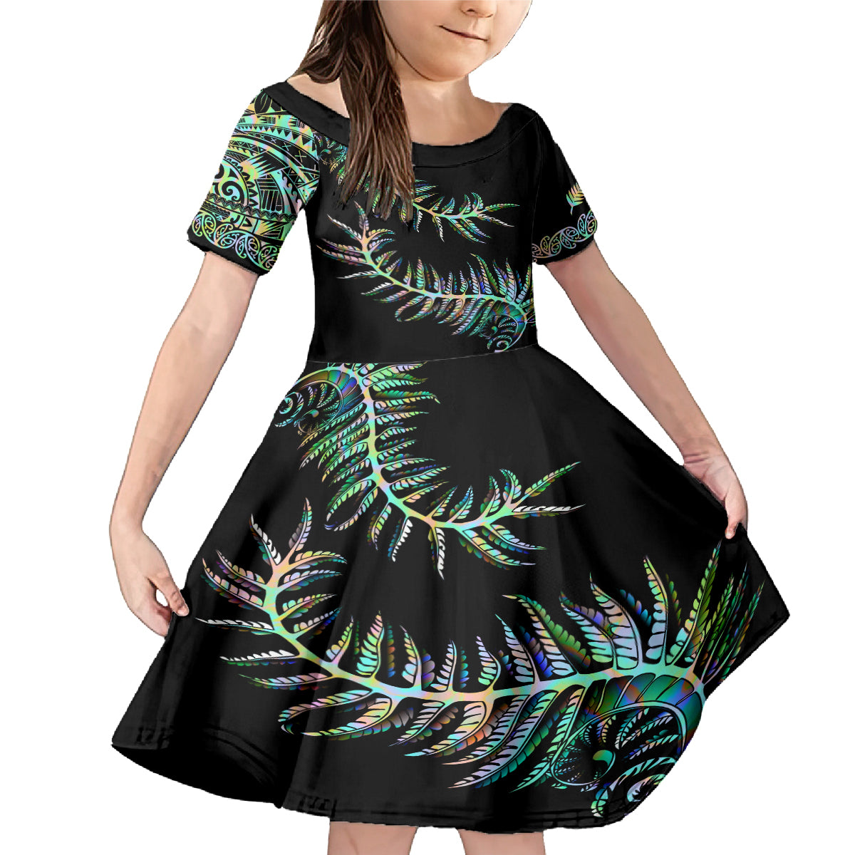 new-zealand-family-matching-mermaid-dress-and-hawaiian-shirt-aotearoa-silver-fern-mixed-papua-shell-green-vibe