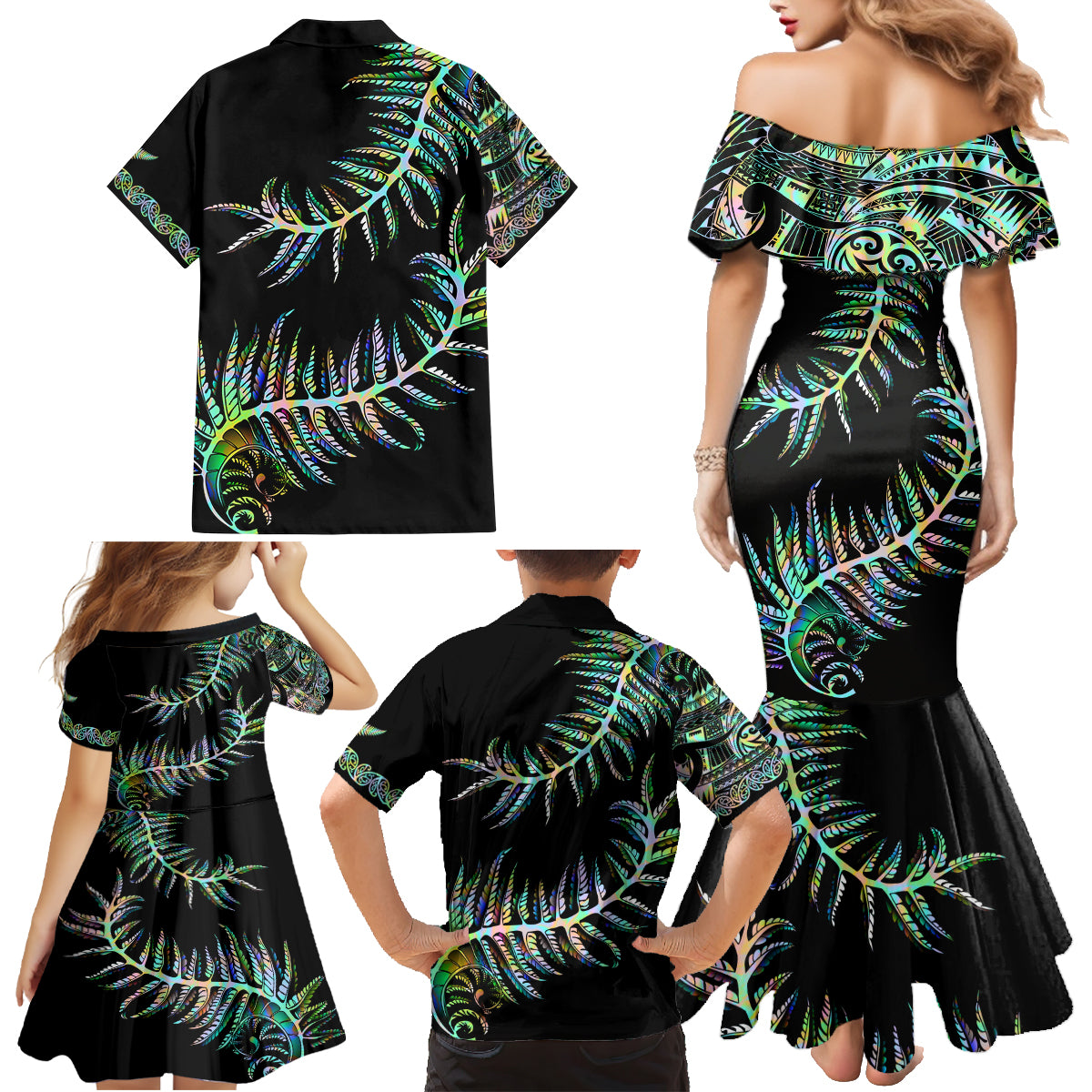 new-zealand-family-matching-mermaid-dress-and-hawaiian-shirt-aotearoa-silver-fern-mixed-papua-shell-green-vibe