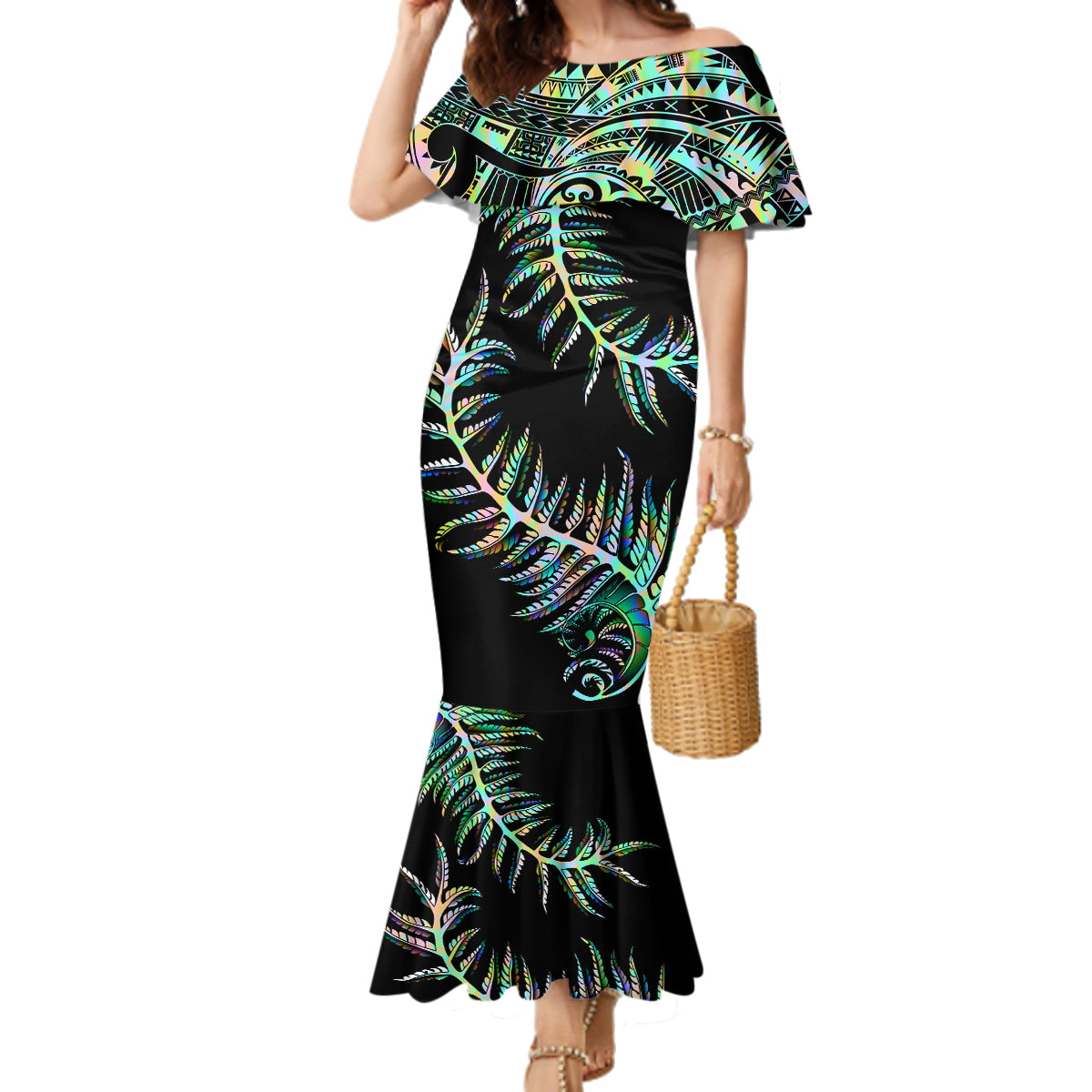 new-zealand-family-matching-mermaid-dress-and-hawaiian-shirt-aotearoa-silver-fern-mixed-papua-shell-green-vibe