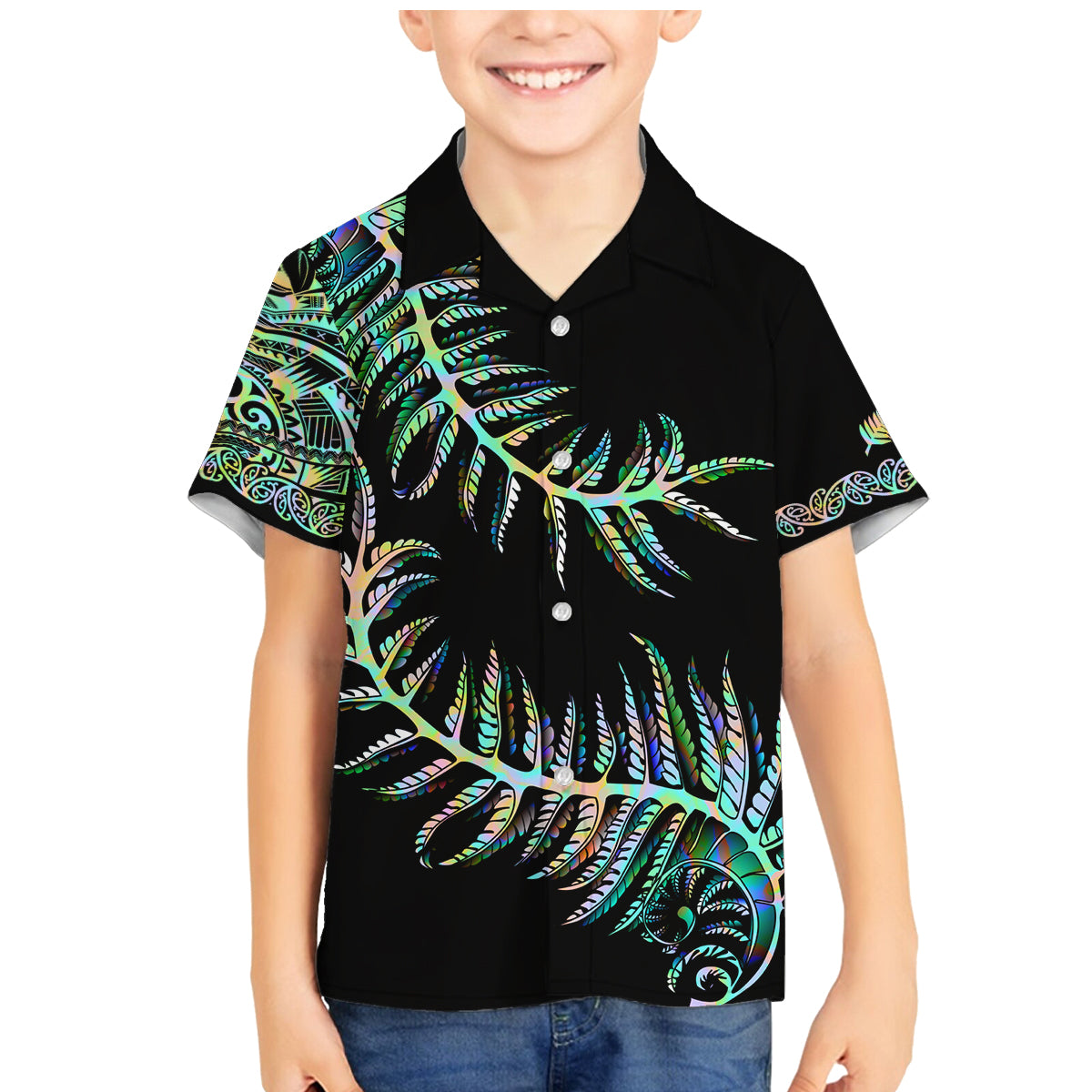 new-zealand-family-matching-mermaid-dress-and-hawaiian-shirt-aotearoa-silver-fern-mixed-papua-shell-green-vibe