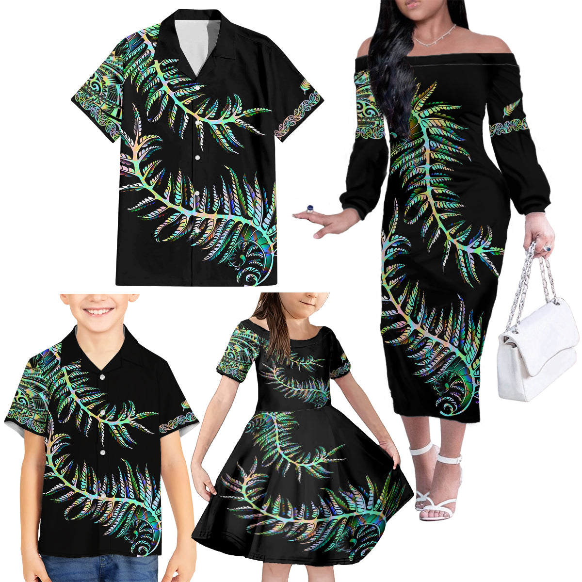 new-zealand-family-matching-off-shoulder-long-sleeve-dress-and-hawaiian-shirt-aotearoa-silver-fern-mixed-papua-shell-green-vibe