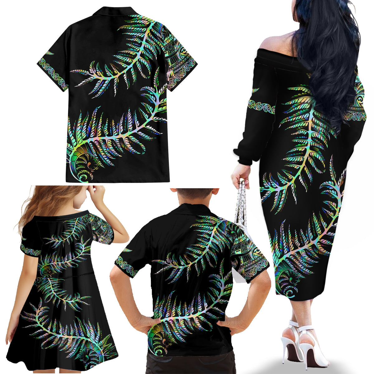 new-zealand-family-matching-off-shoulder-long-sleeve-dress-and-hawaiian-shirt-aotearoa-silver-fern-mixed-papua-shell-green-vibe