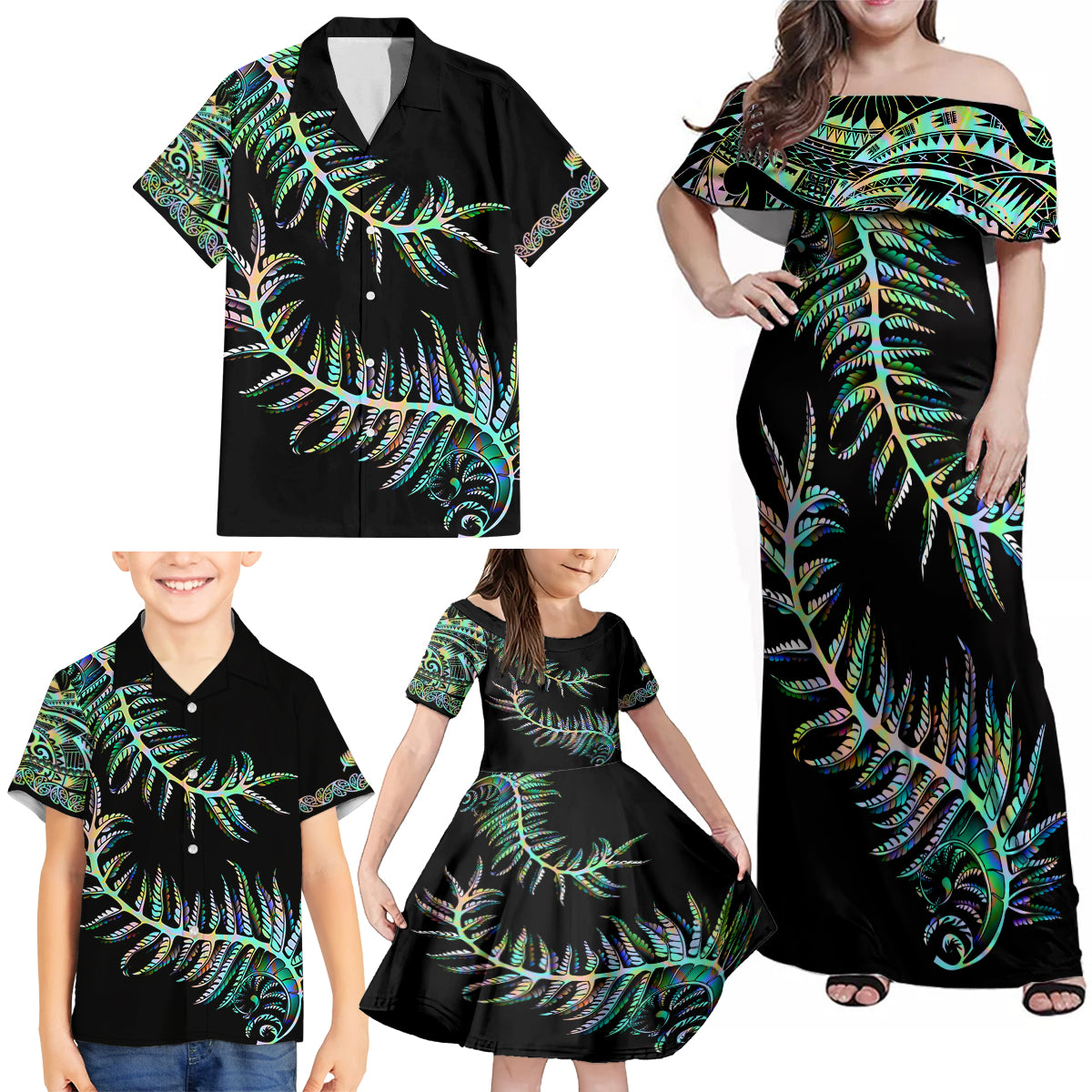 new-zealand-family-matching-off-shoulder-maxi-dress-and-hawaiian-shirt-aotearoa-silver-fern-mixed-papua-shell-green-vibe