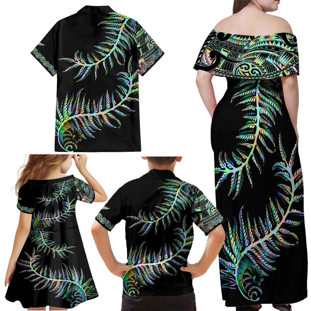 new-zealand-family-matching-off-shoulder-maxi-dress-and-hawaiian-shirt-aotearoa-silver-fern-mixed-papua-shell-green-vibe