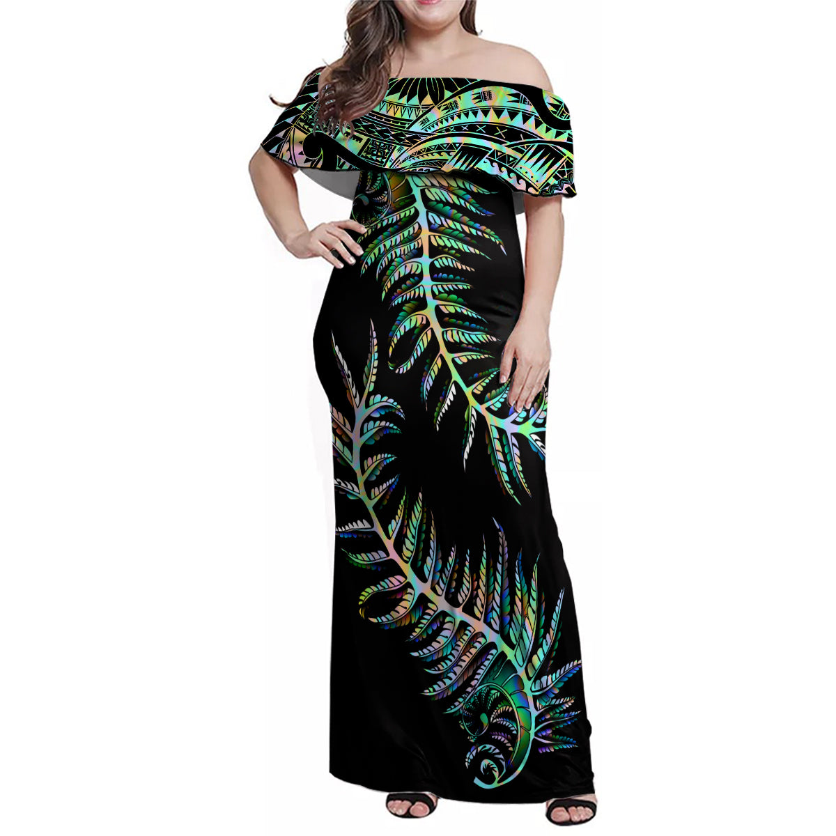 new-zealand-family-matching-off-shoulder-maxi-dress-and-hawaiian-shirt-aotearoa-silver-fern-mixed-papua-shell-green-vibe