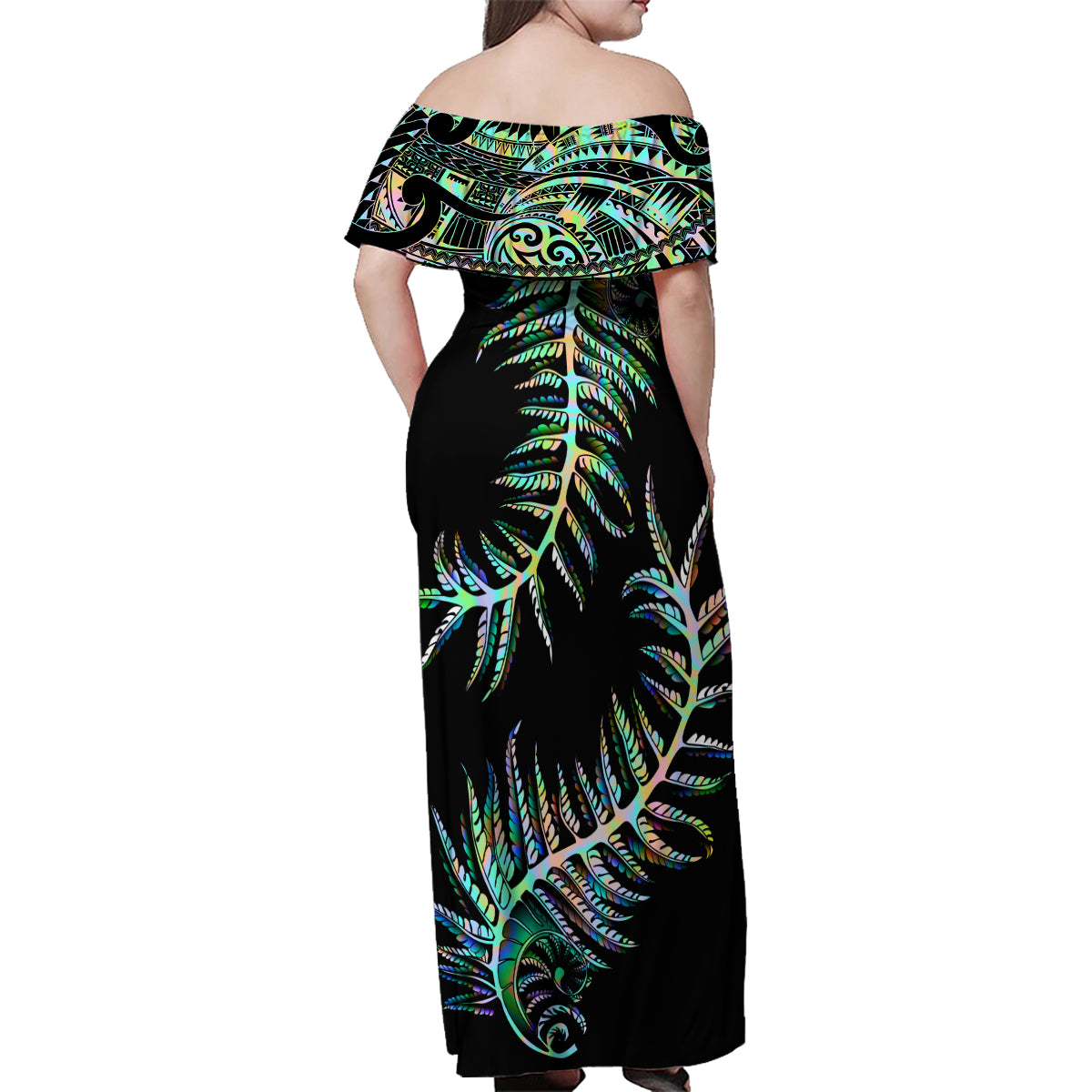 new-zealand-family-matching-off-shoulder-maxi-dress-and-hawaiian-shirt-aotearoa-silver-fern-mixed-papua-shell-green-vibe