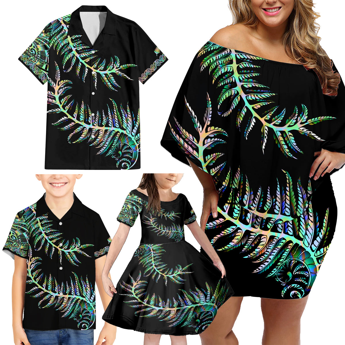 new-zealand-family-matching-off-shoulder-short-dress-and-hawaiian-shirt-aotearoa-silver-fern-mixed-papua-shell-green-vibe