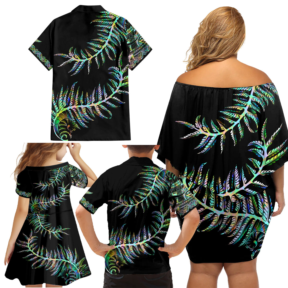 new-zealand-family-matching-off-shoulder-short-dress-and-hawaiian-shirt-aotearoa-silver-fern-mixed-papua-shell-green-vibe