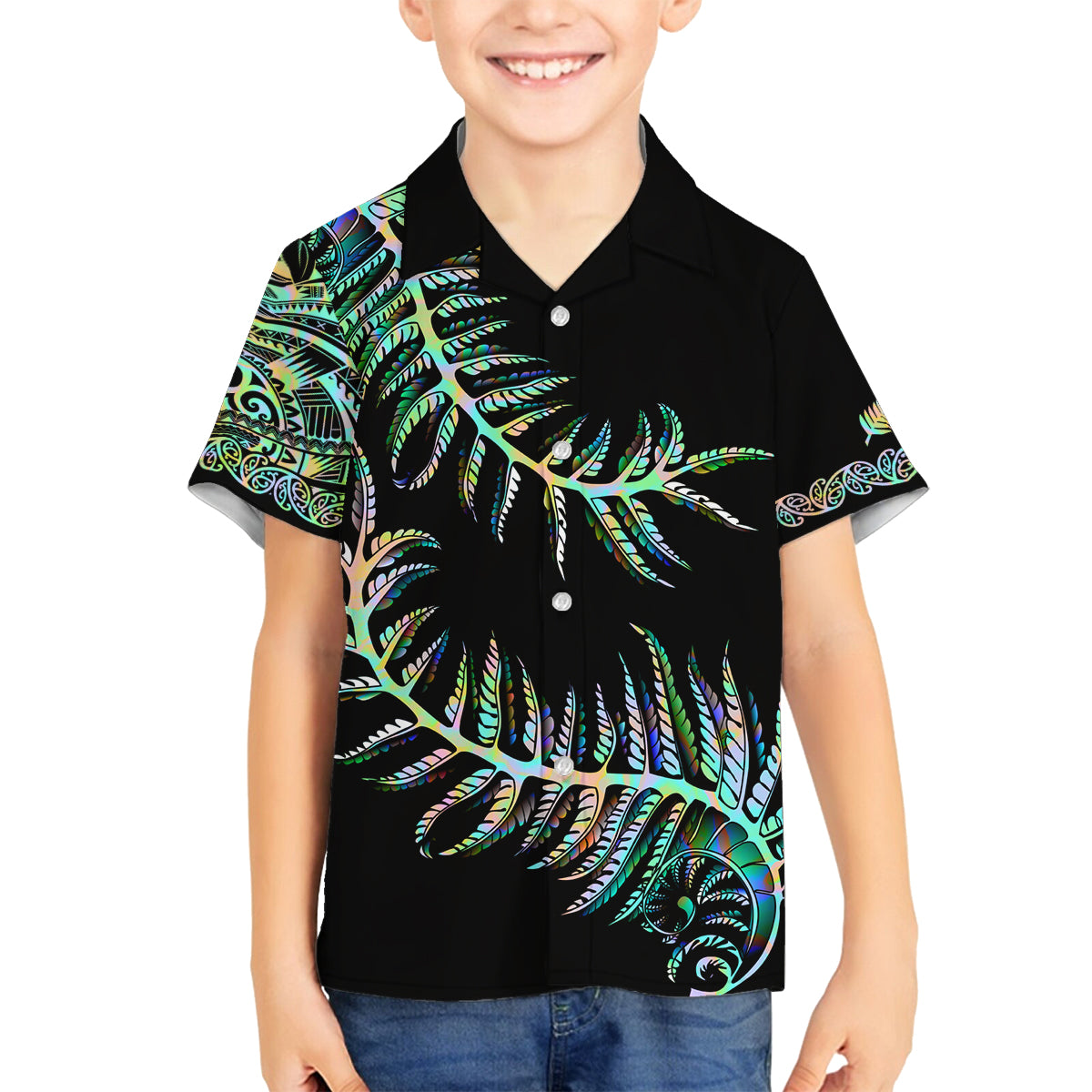 new-zealand-family-matching-off-shoulder-short-dress-and-hawaiian-shirt-aotearoa-silver-fern-mixed-papua-shell-green-vibe