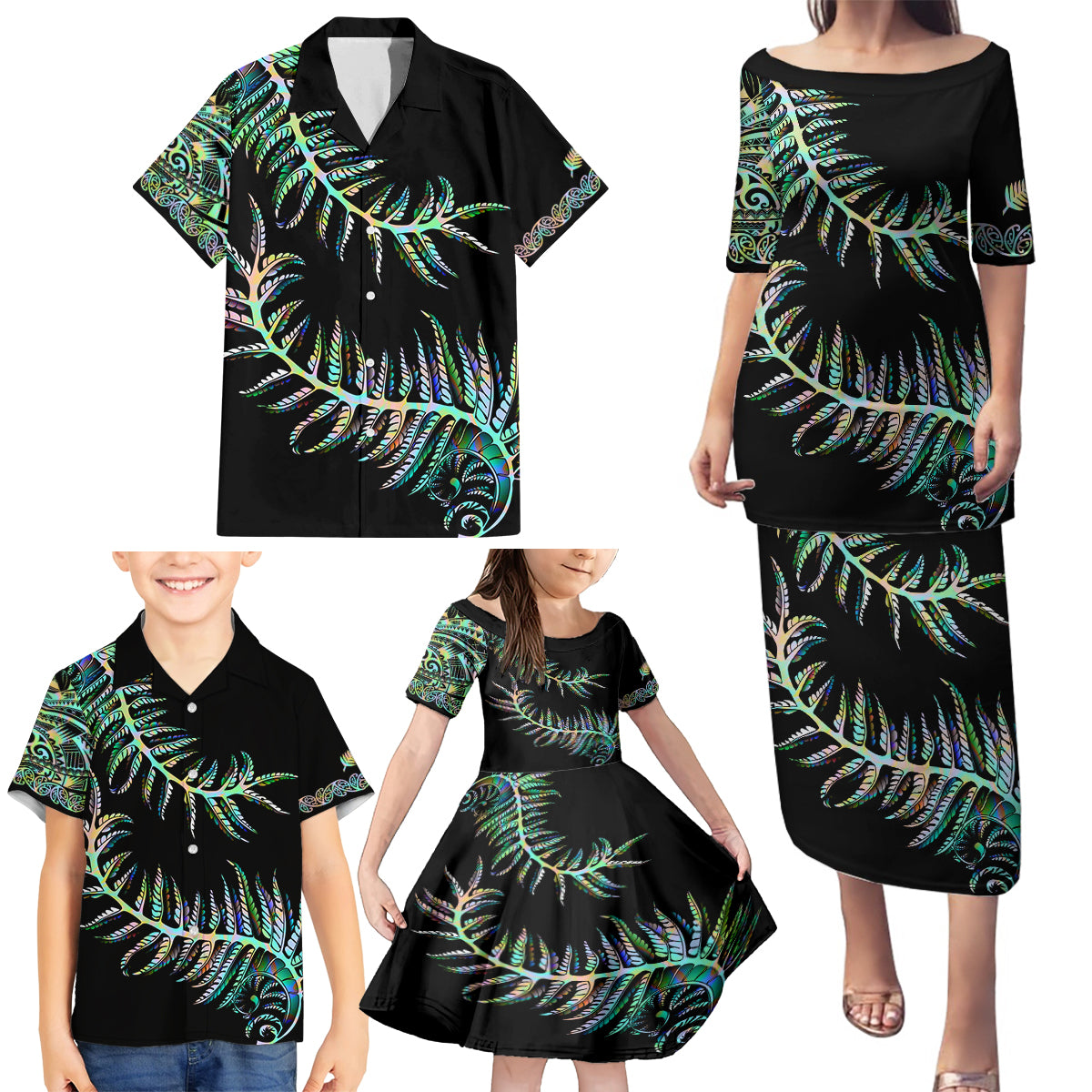 new-zealand-family-matching-puletasi-dress-and-hawaiian-shirt-aotearoa-silver-fern-mixed-papua-shell-green-vibe