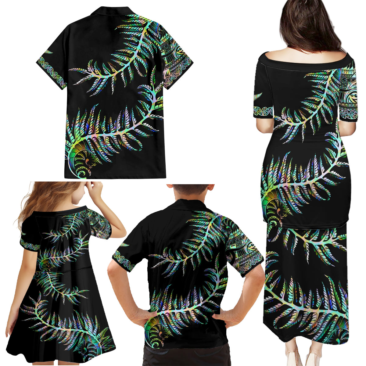 new-zealand-family-matching-puletasi-dress-and-hawaiian-shirt-aotearoa-silver-fern-mixed-papua-shell-green-vibe