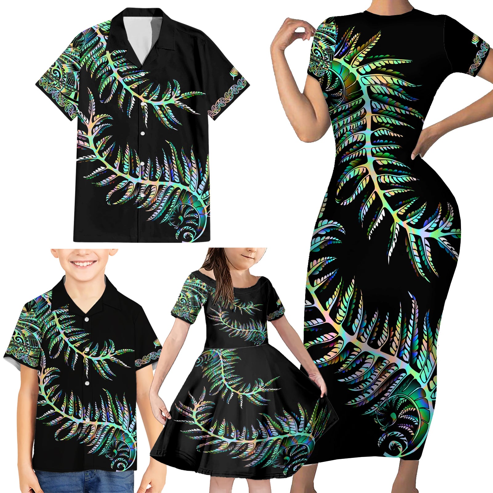 new-zealand-family-matching-short-sleeve-bodycon-dress-and-hawaiian-shirt-aotearoa-silver-fern-mixed-papua-shell-green-vibe